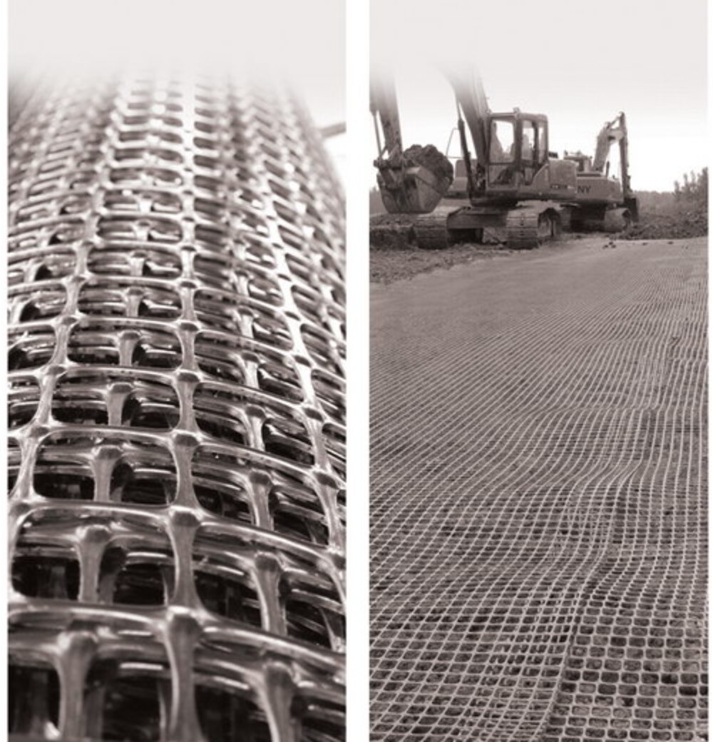 Triaxial polymeric geogrid product and installation view