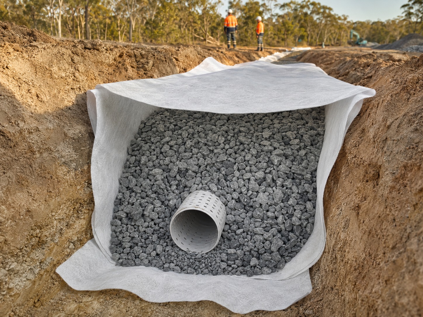 Nonwoven geotextile surrounding drainage aggregate and pipe