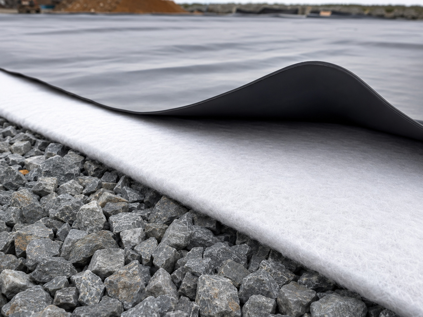 White nonwoven geotextile protecting a black geomembrane from angular aggregate