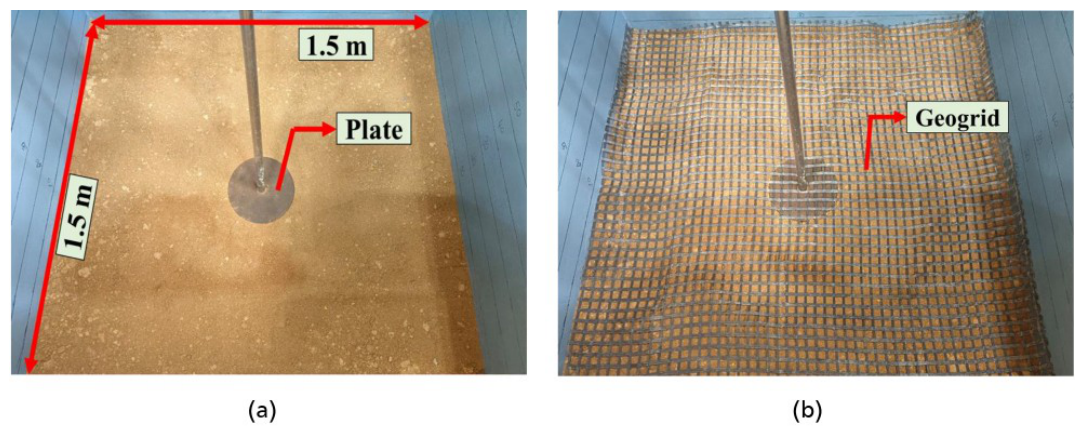 Laboratory photographs showing a central uplift plate in the test tank and the geogrid placed over the prepared tank floor