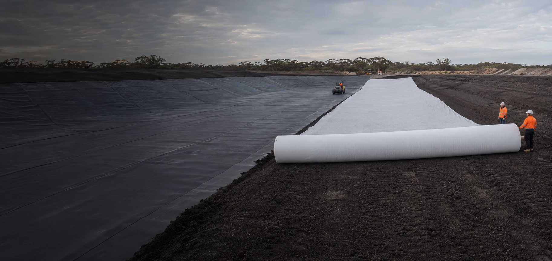 White nonwoven geotextile installed beneath civil aggregate