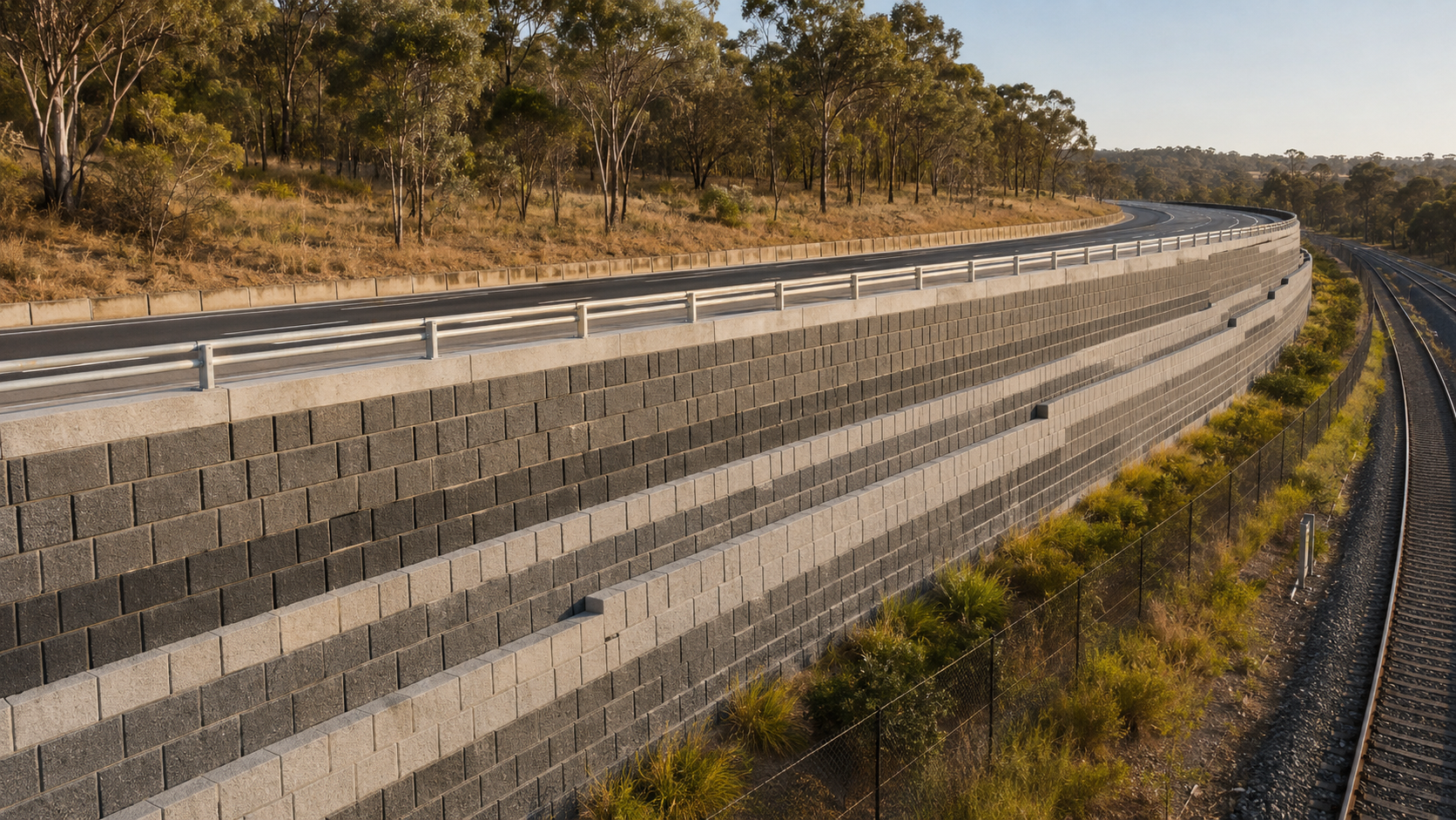 Illustrative Australian corridor with a modular-block reinforced-soil wall